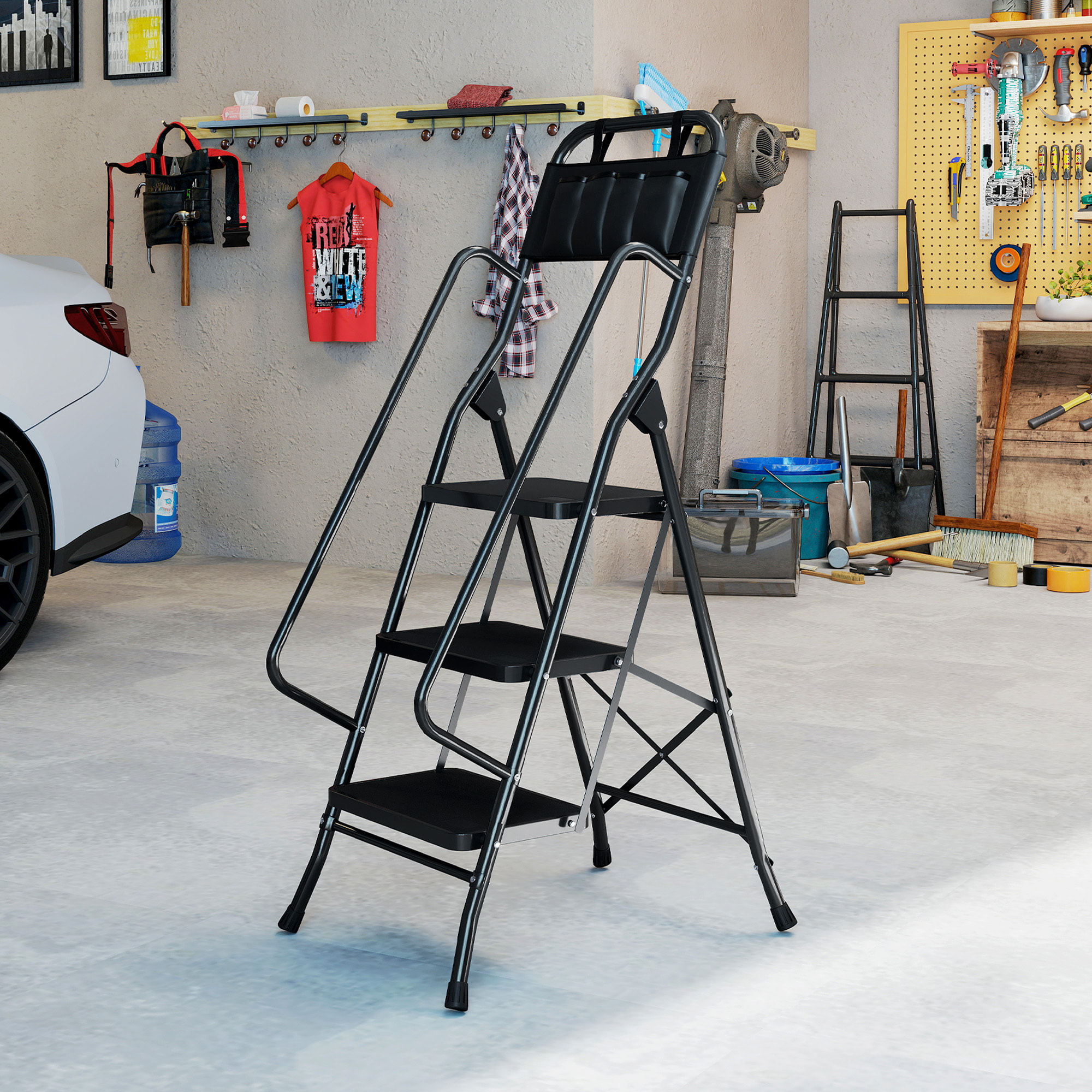 Escalera Plegable de 3 Peldaños con Bolsa de Herramientas, Escalera de Tijera, Carga 150 kg, con Peldaños Anchos Antideslizantes, Bloqueo de Seguridad, Apoyabrazos, Negro