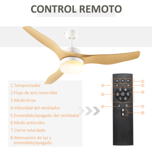 Ventilador de Techo con Luz LED Motor DC 20,5W con Mando a Distancia Ajustable de 3 Niveles 3 Aspas Reversibles 6 Velocidades y Temporizador Ø132x40 cm Natural