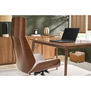 Fauteuil de bureau de direction design en tissu effet velours texturé beige, bois foncé et acier chromé CURVED