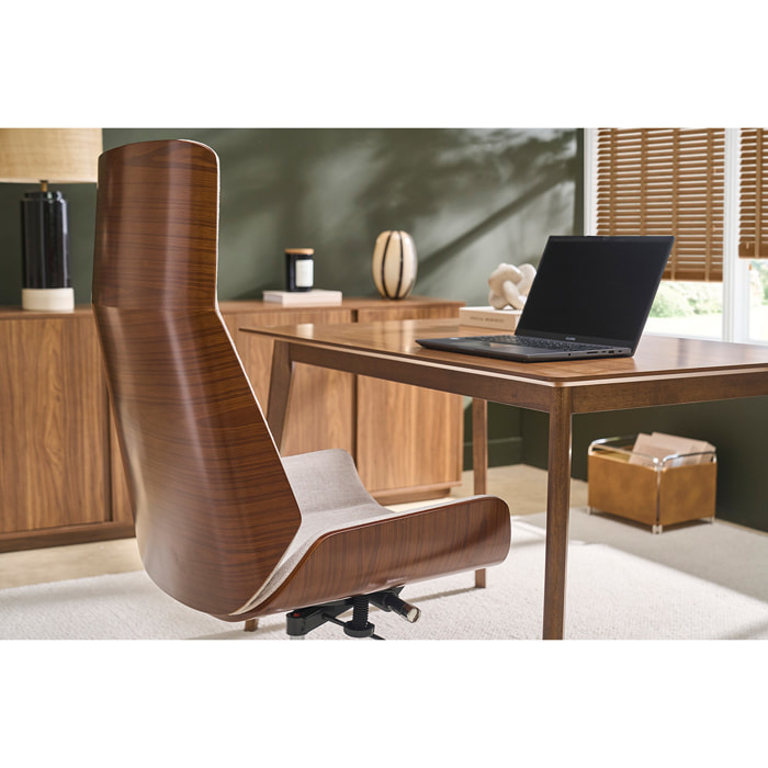 Fauteuil de bureau de direction design en tissu effet velours texturé beige, bois foncé et acier chromé CURVED