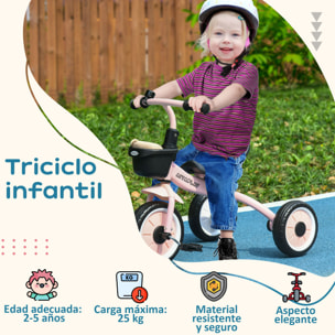 Triciclo para Niños de 2 a 5 Años Bicicleta Infantil con Asiento Ajustable Cesta Timbre Pedales y 3 Ruedas Carga 25 kg 70,5x50x58 cm Rosa