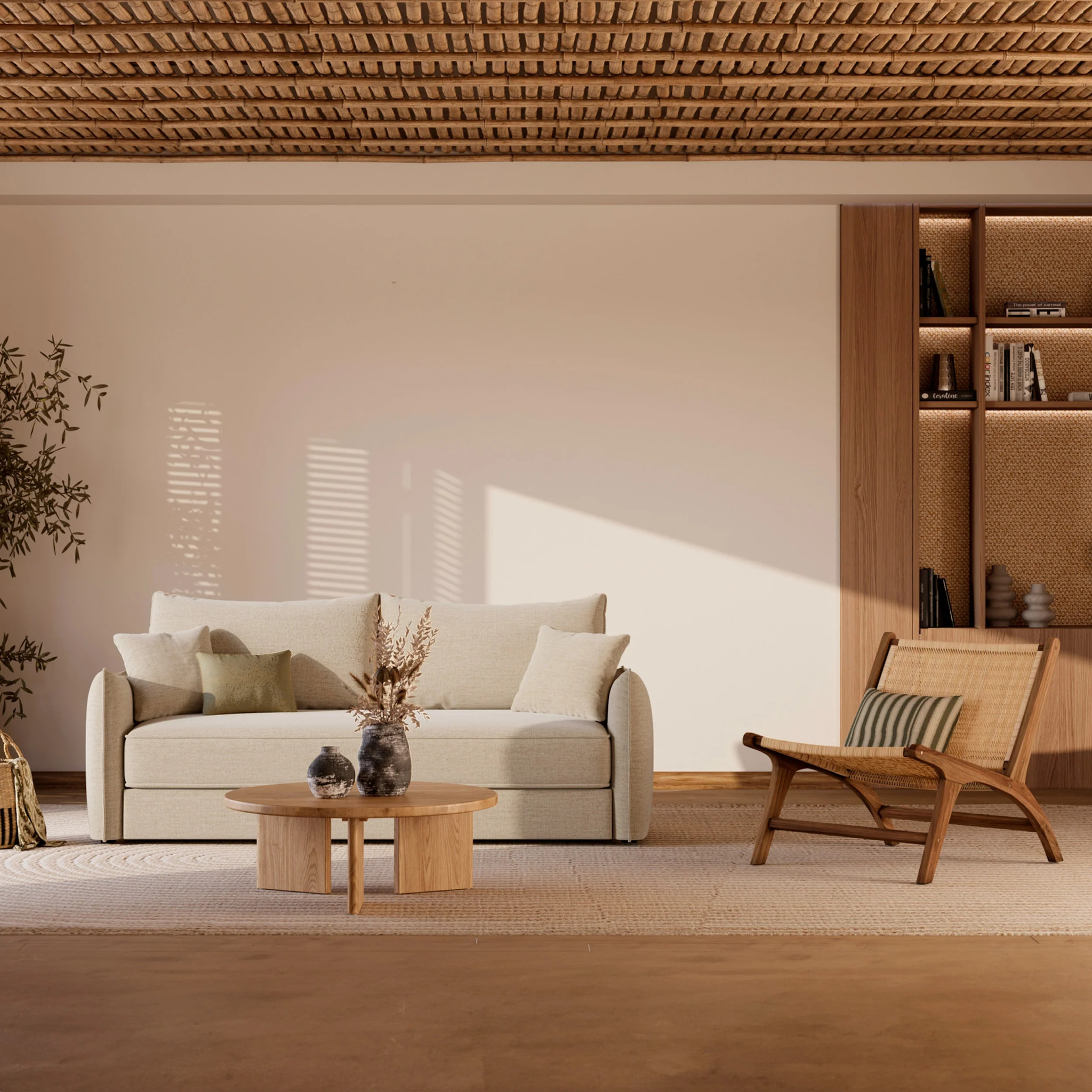 Canapé convertible 3 places en tissu effet lin beige - Céleste