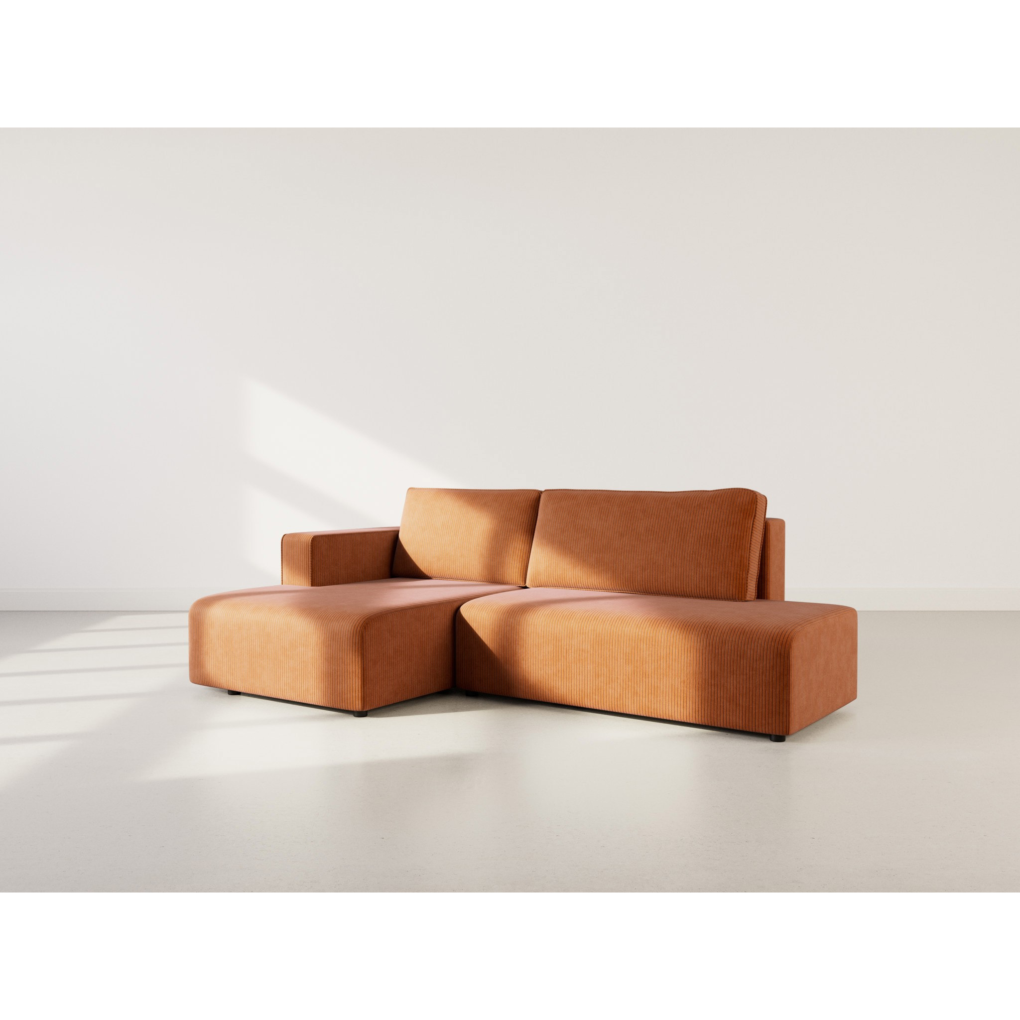 Topaze - canapé d'angle gauche 4 places convertible avec coffre en velours côtelé - Terracotta