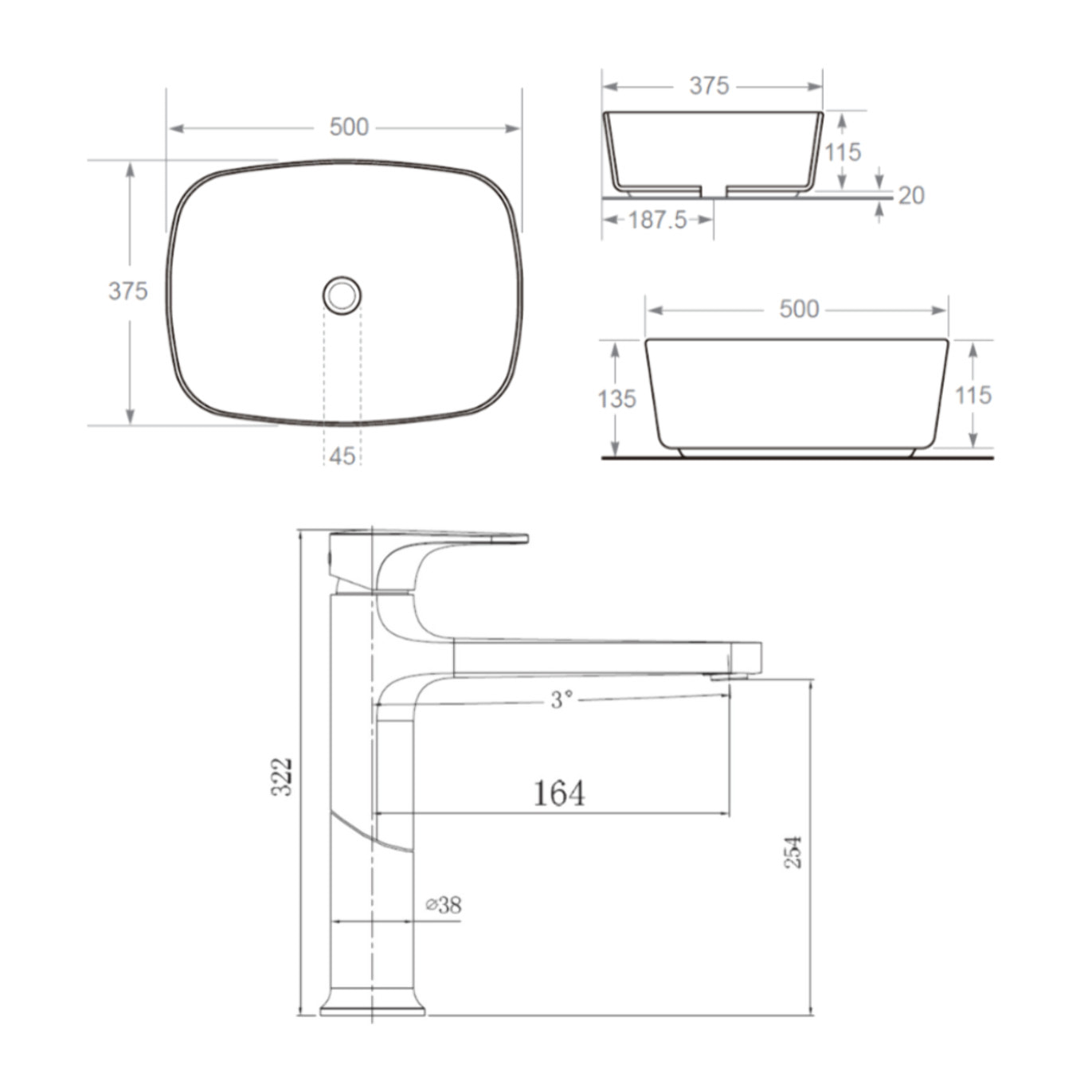 DARK mitigeur lavabo XL, or brossé + Ceramia PixL 50x37,5x13,5 cm vasque à poser, sans trop-plein, blanc (SAT285PBZCEPX4937)