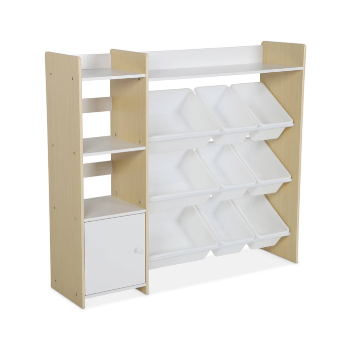 Meuble de rangement enfant. naturel. 9 bacs de rangement. 4 étagères. 1 porte