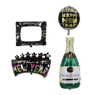 Set de globos para año nuevo - marco 40cm, banner 55cm, champagne 83cm y orbe 35cm