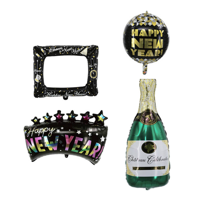 Set de globos para año nuevo - marco 40cm, banner 55cm, champagne 83cm y orbe 35cm