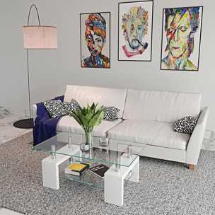 Tavolino Basso Rettangolare Salotto In Vetro E Legno MDF Soggiorno Salone Sala Pranzo Tavolo Caffè Ripiano Moderno Elegante Bianco 100 x 60 x 45 cm