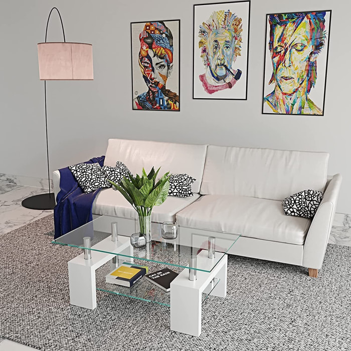 Tavolino Basso Rettangolare Salotto In Vetro E Legno MDF Soggiorno Salone Sala Pranzo Tavolo Caffè Ripiano Moderno Elegante Bianco 100 x 60 x 45 cm