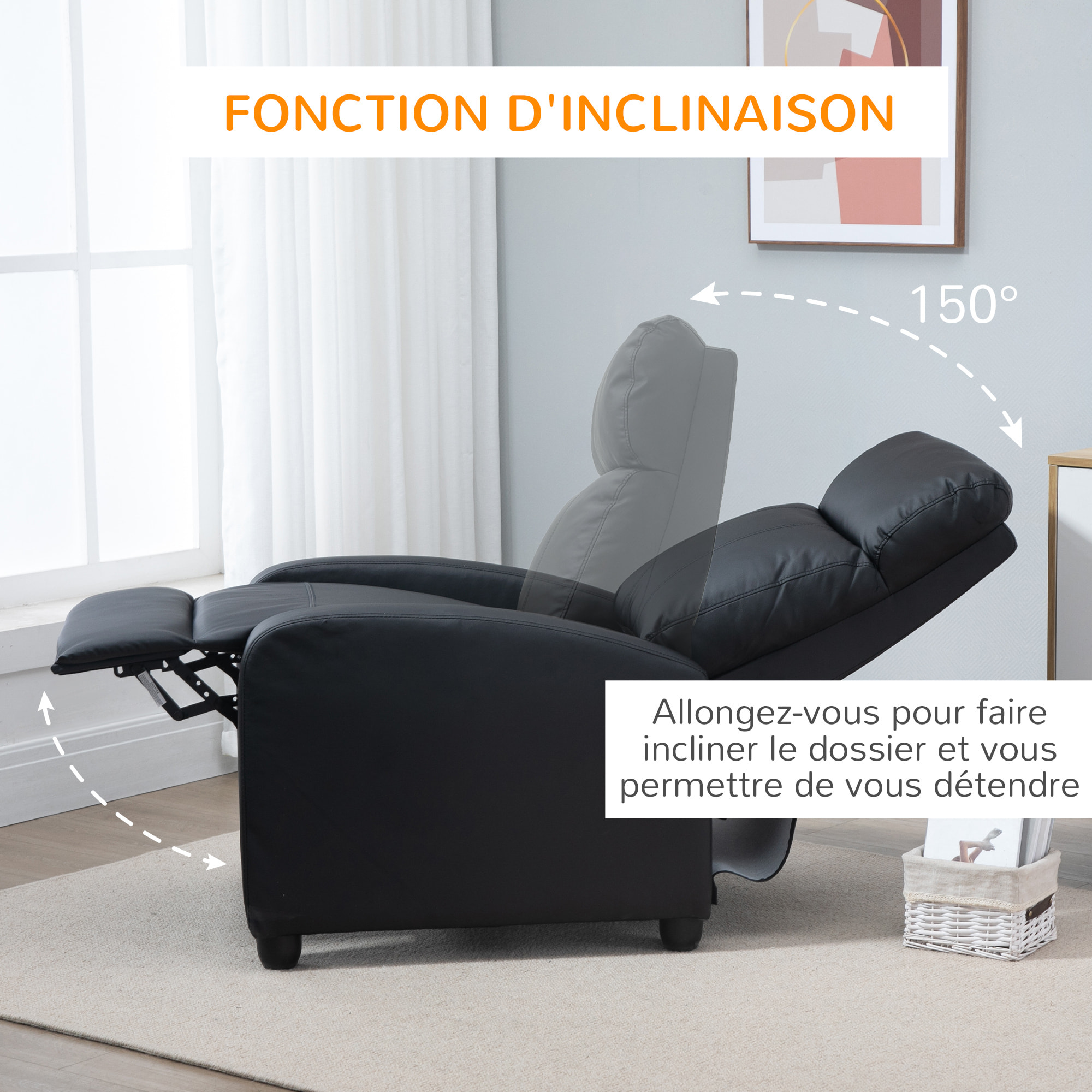 Fauteuil de relaxation et massage inclinaison dossier repose-pied réglable revêtement synthétique noir