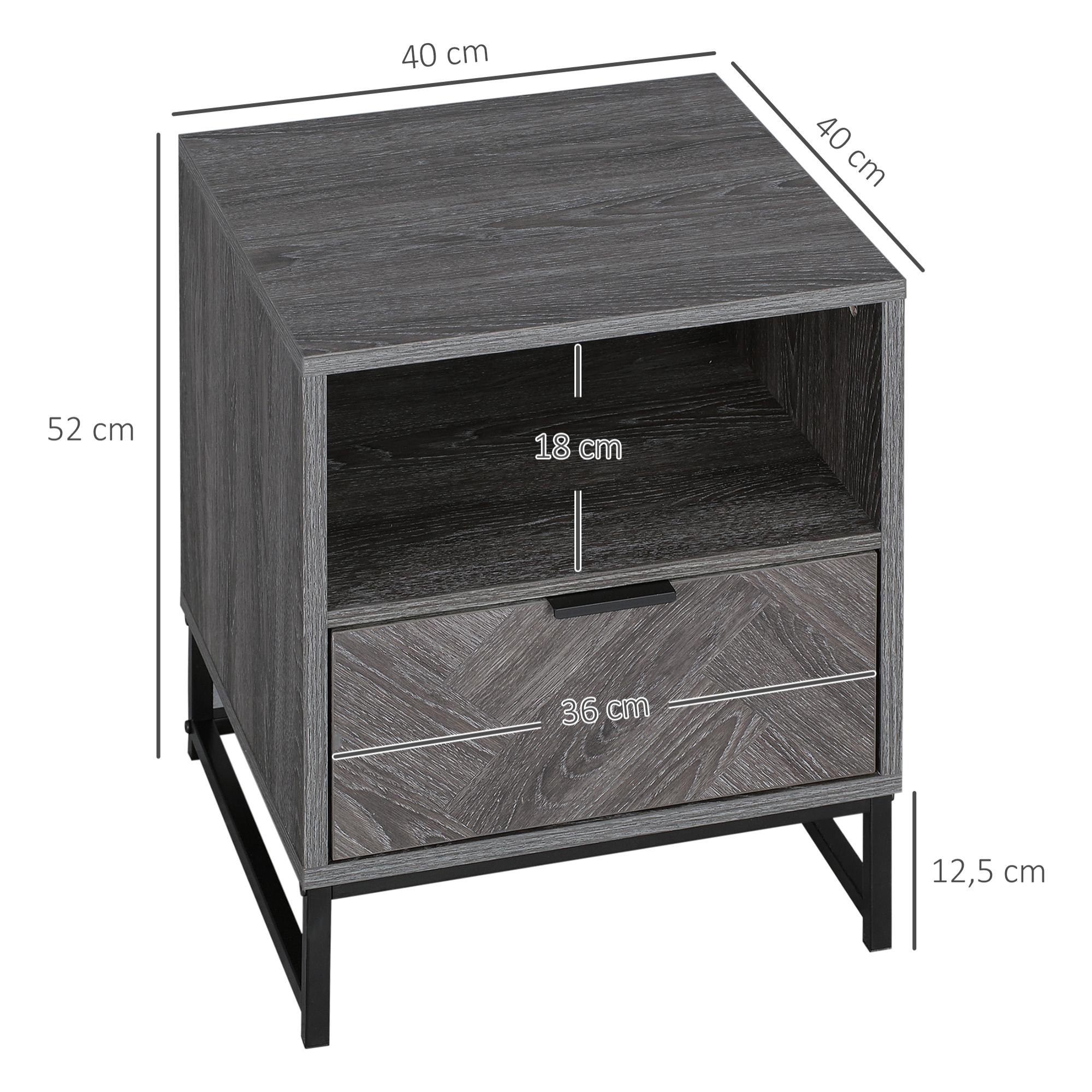 HOMCOM Mesita de Noche con 1 Cajón Estante Abierto y Patas de Acero Mesilla de Noche para Dormitorio Salón Cama Oficina Estilo Moderno 40x40x52 cm Gris Oscuro