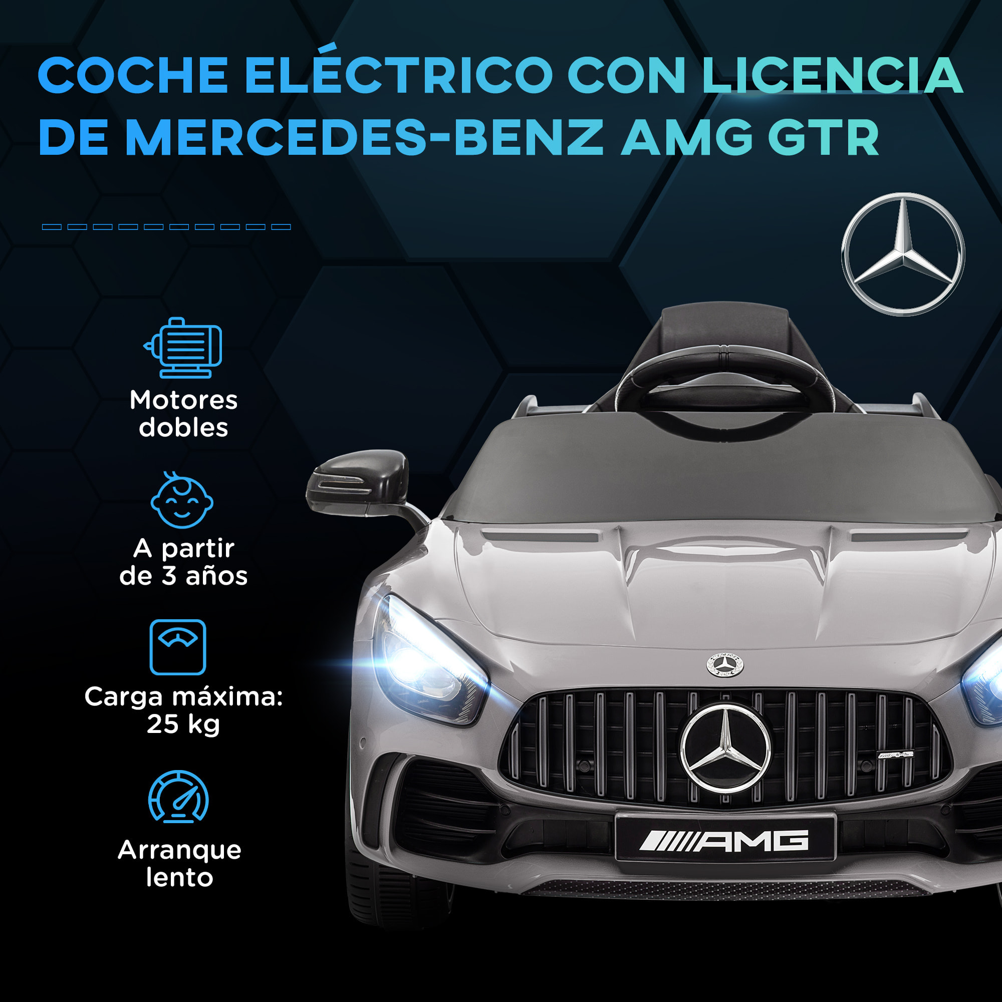 Coche Eléctrico para Niños de +3 Años Mercedes-Benz AMG GTR Carro Eléctrico Infantil con Batería 12V Mando a Distancia Faros Bocina Música y Pantalla Plata