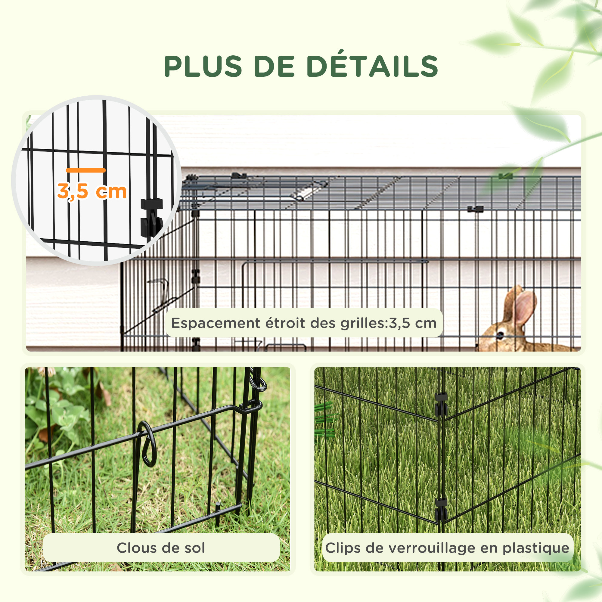 Parc enclos petits animaux - 2 portes, 3 trappes nourrissages, zone couverte - acier noir polyester vert