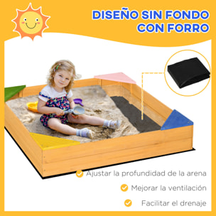 Arenero Infantil de Madera Arenero Cuadrado para Niños de 3-8 Años con Tela no Tejida y 4 Asientos para Jardín Patio Terraza 109x109x19,8 cm Natural