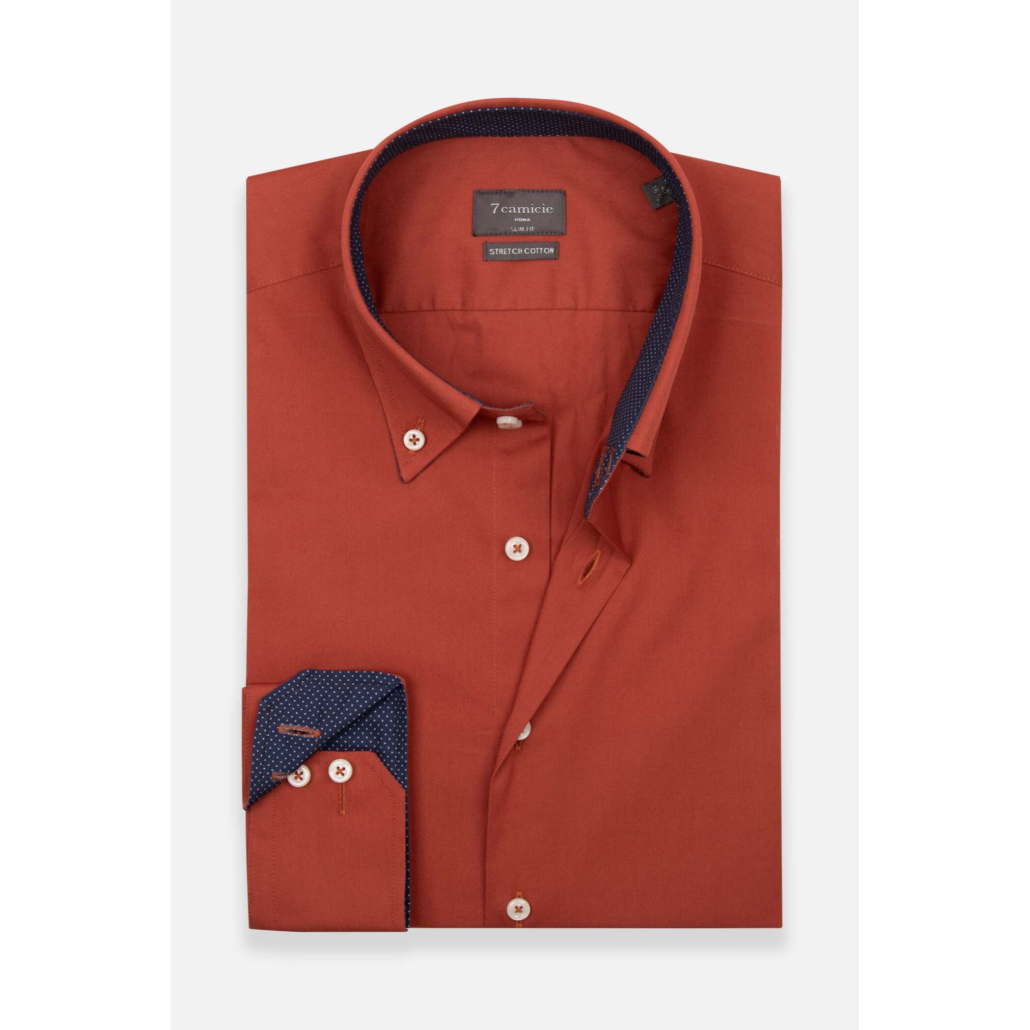 Camicia Uomo 2 Bottoni Button Down Slim Popeline Stretch Unito Rosso Mattone