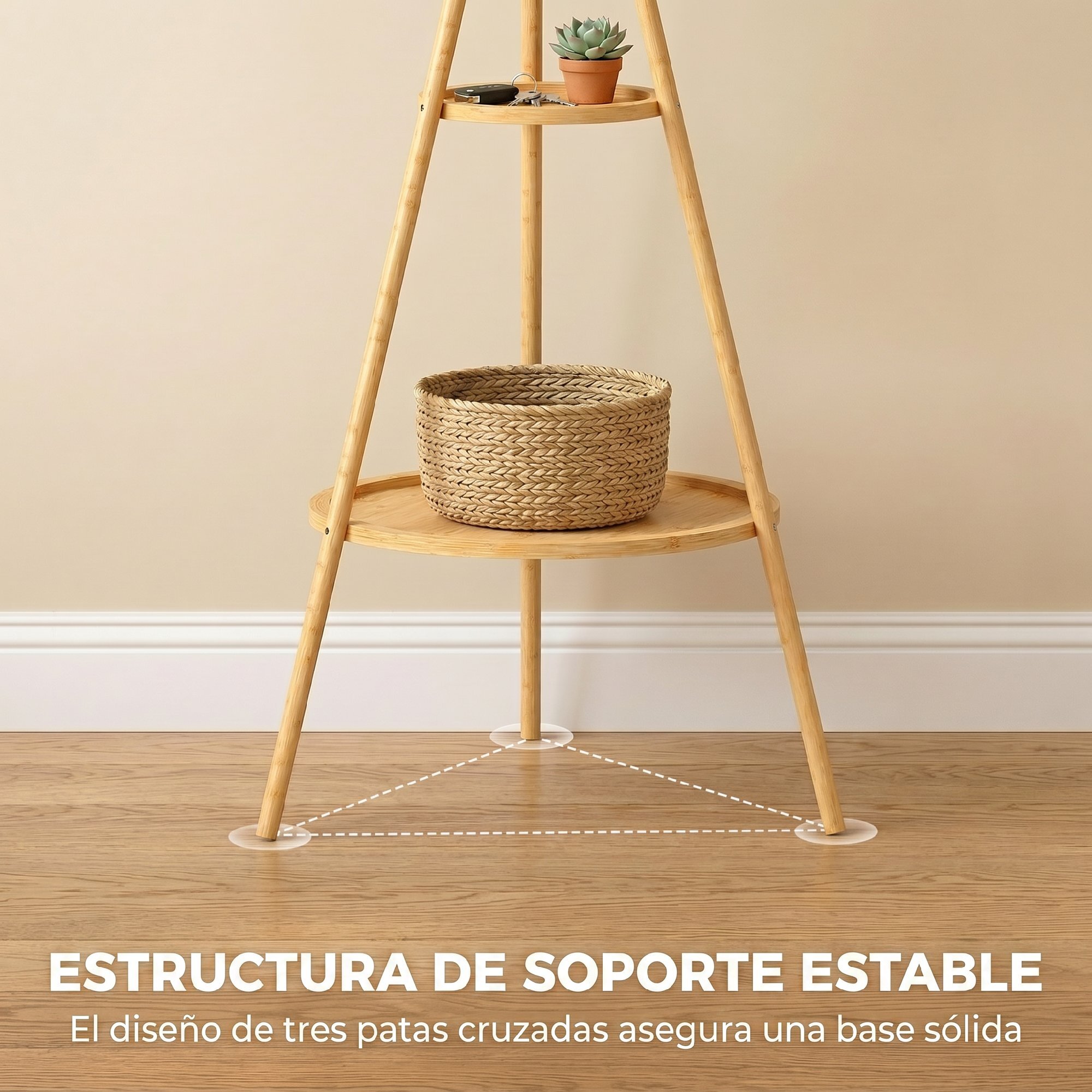 Perchero de Pie de Bambú, Perchero para Ropa con 2 Estantes y 9 Ganchos, Diseño Elegante, para Colgar Bolsas, Sombreros, en Pasillo, Entrada, Dormitorio, 58,5x58,5x176 cm, Natural