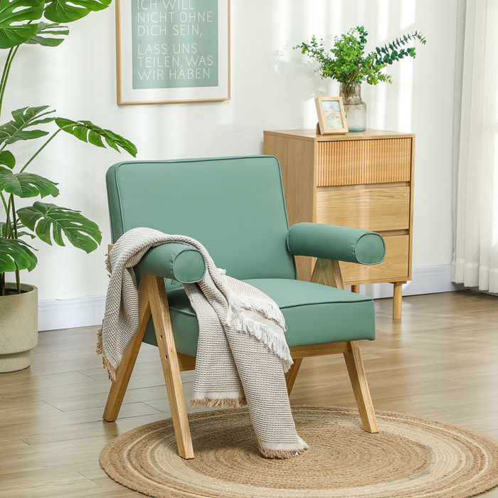 Butaca de Salón Butaca Nórdica Sillón de Salón Tapizado en PU con Reposabrazos y Marco de Madera de Caucho para Dormitorio Carga 120 kg Verde