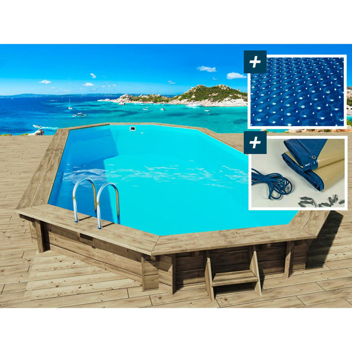 Piscine bois '' Sevilla '' - 8.57 x 4.57 x 1.45 m + Bâche à bulles 180 µ + Bâche hiver 280 gr/m²