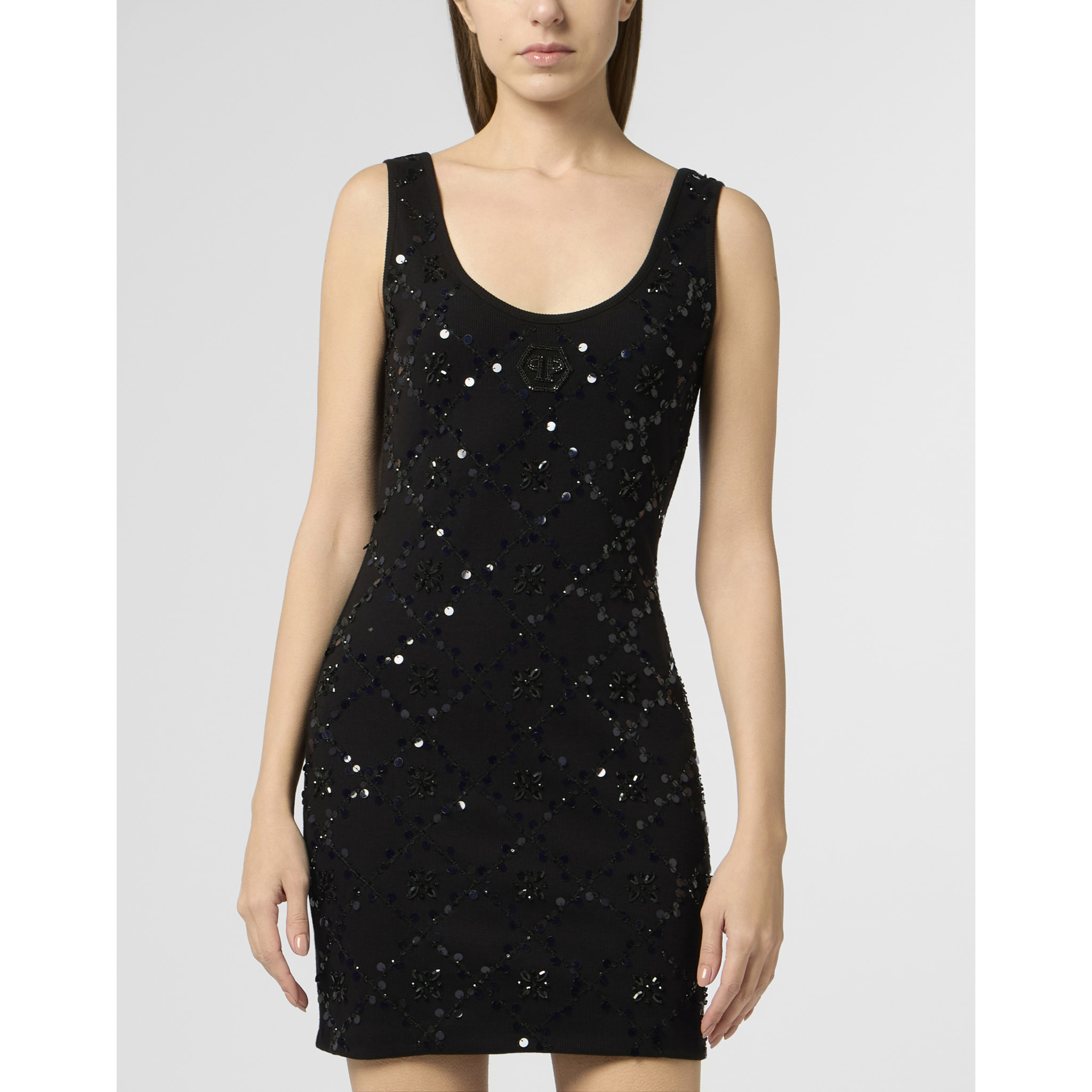 PHILIPP PLEIN Mini Tank Dress Rhomb Flowers Strass