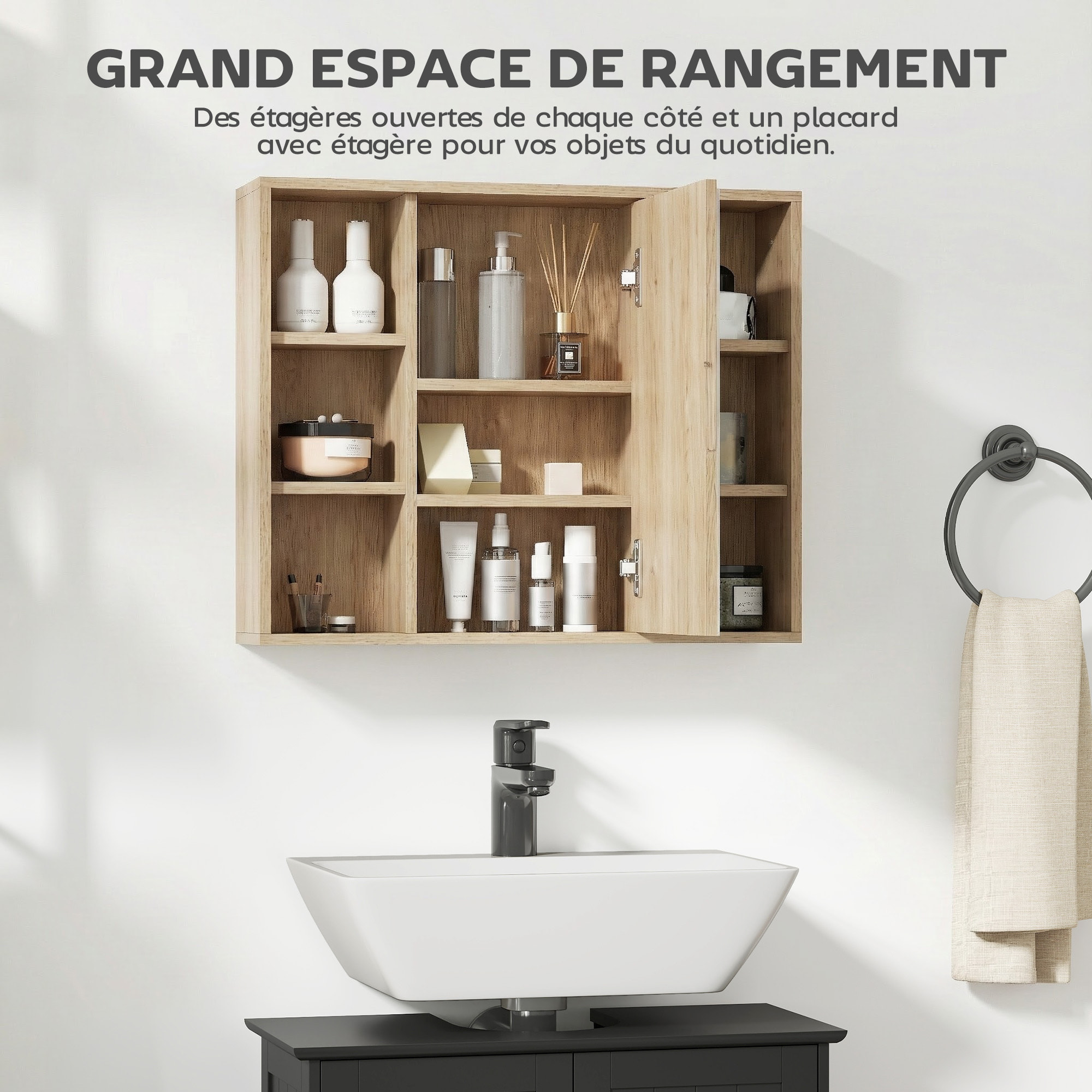 Armoire miroir salle de bain porte 4 étagères latérales 2 étagères intérieures effet bois clair naturel