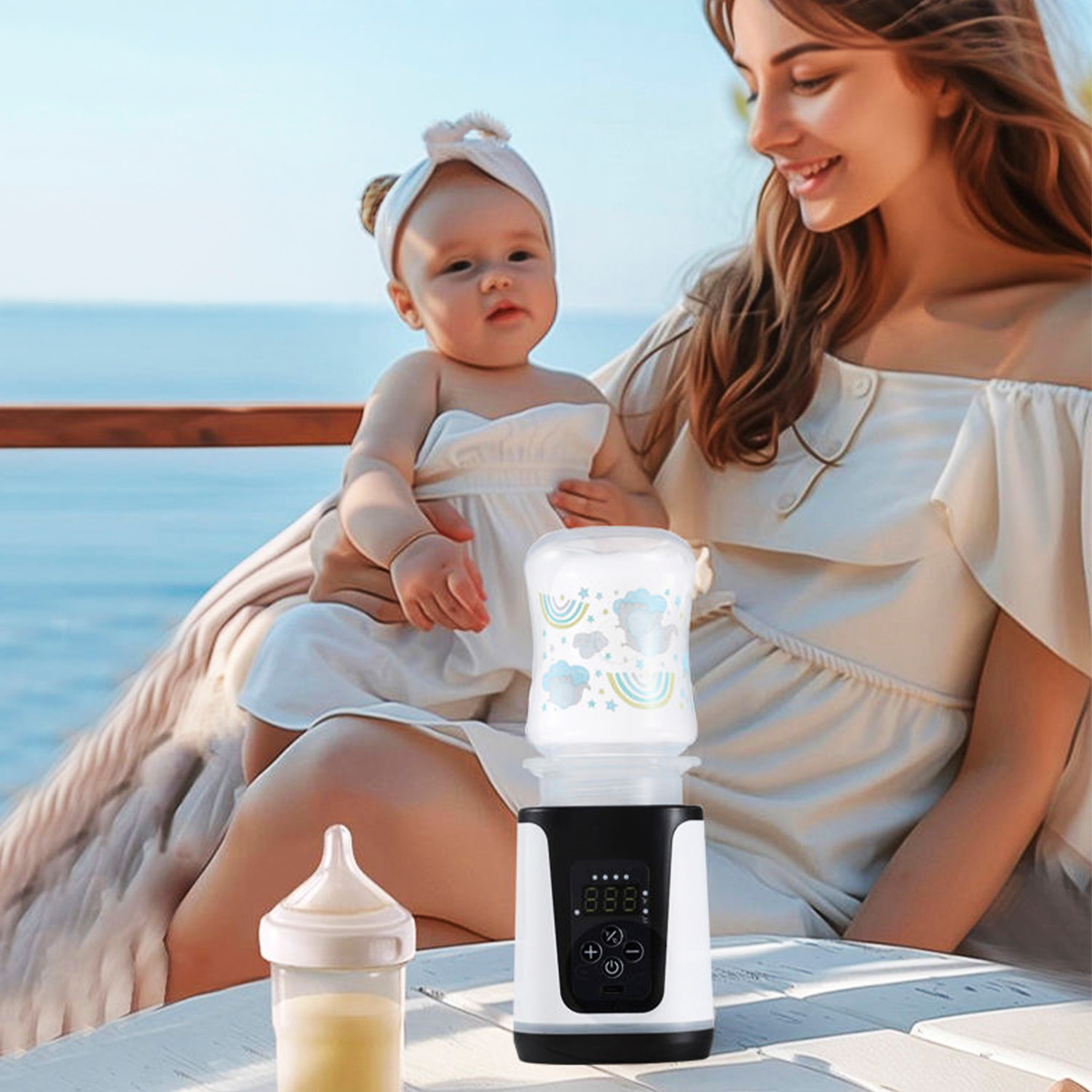 Scaldabiberon WN-01 con batteria ricaricabile da 5200 mAh e potenza di 75W. Include 6 adattatori e 1 biberon da 250ml.