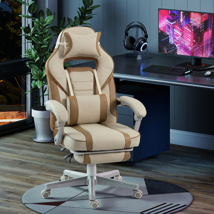 Silla Gaming, Silla Gamer Reclinable, con Altura Ajustable, Reposapiés Retráctil, Soporte Lumbar y Reposacabezas Desmontable, para Oficina, Estudio, Crema