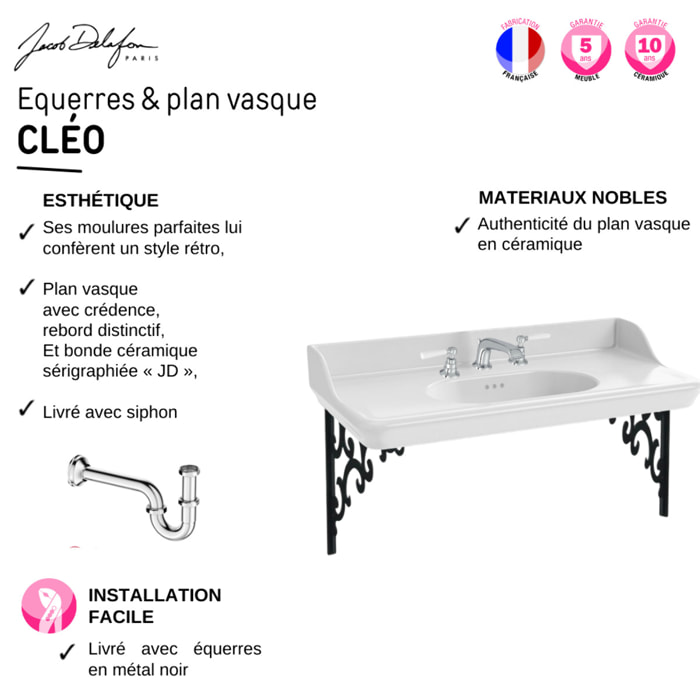 Plan vasque suspendu 3 trous Cléo 1889 avec équerres métal noir + miroir + colonne droite + siphon chromé