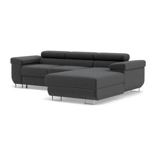 Pablo - canapé d'angle droit - 6 places - convertible avec coffre et têtières réglables - en velours - Gris foncé