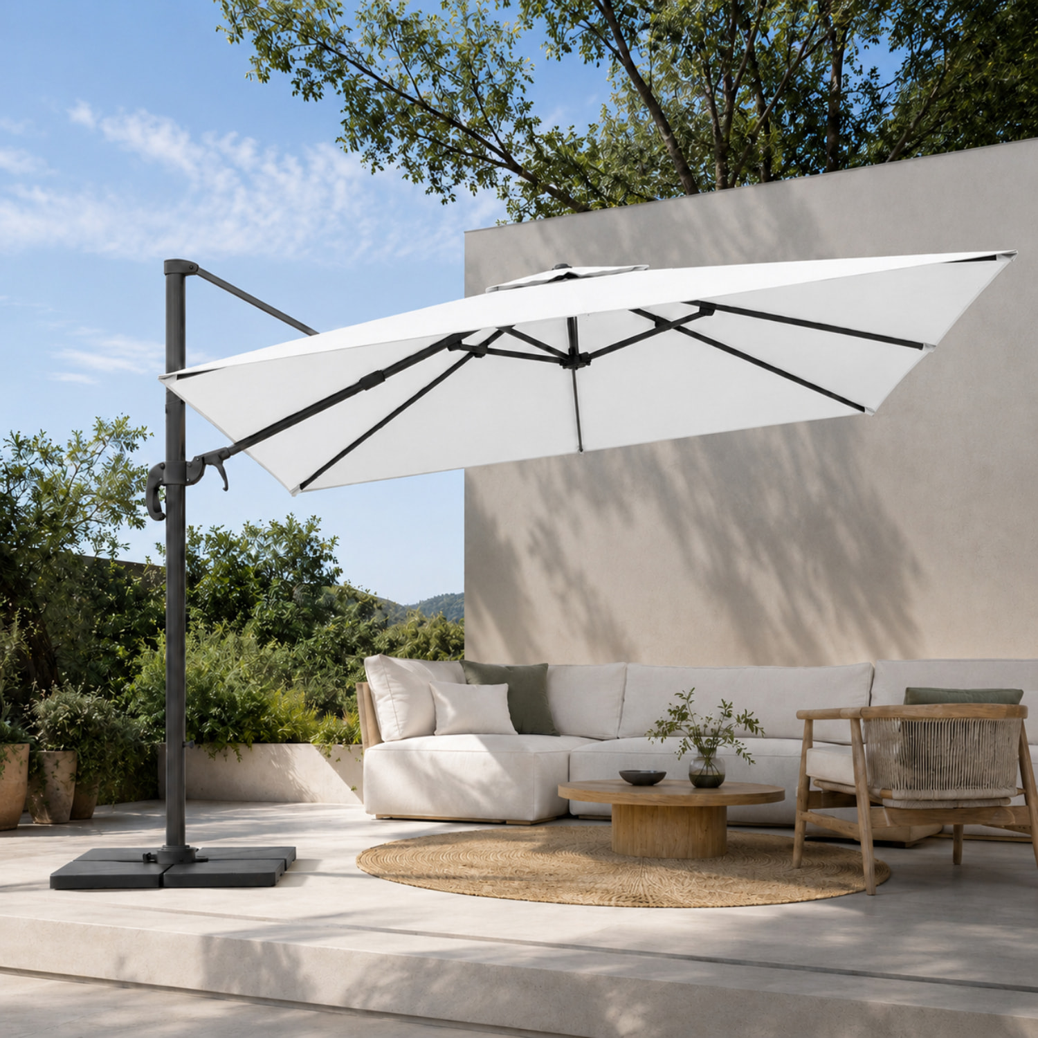 Ombrellone 3x3 M Giardino Braccio Retrattile Esterni Piscina Gazebo Terrazze Bar Hotel Acciaio Inox Rotabile 360° Telo 180g Impermeabile Anti UV Panna