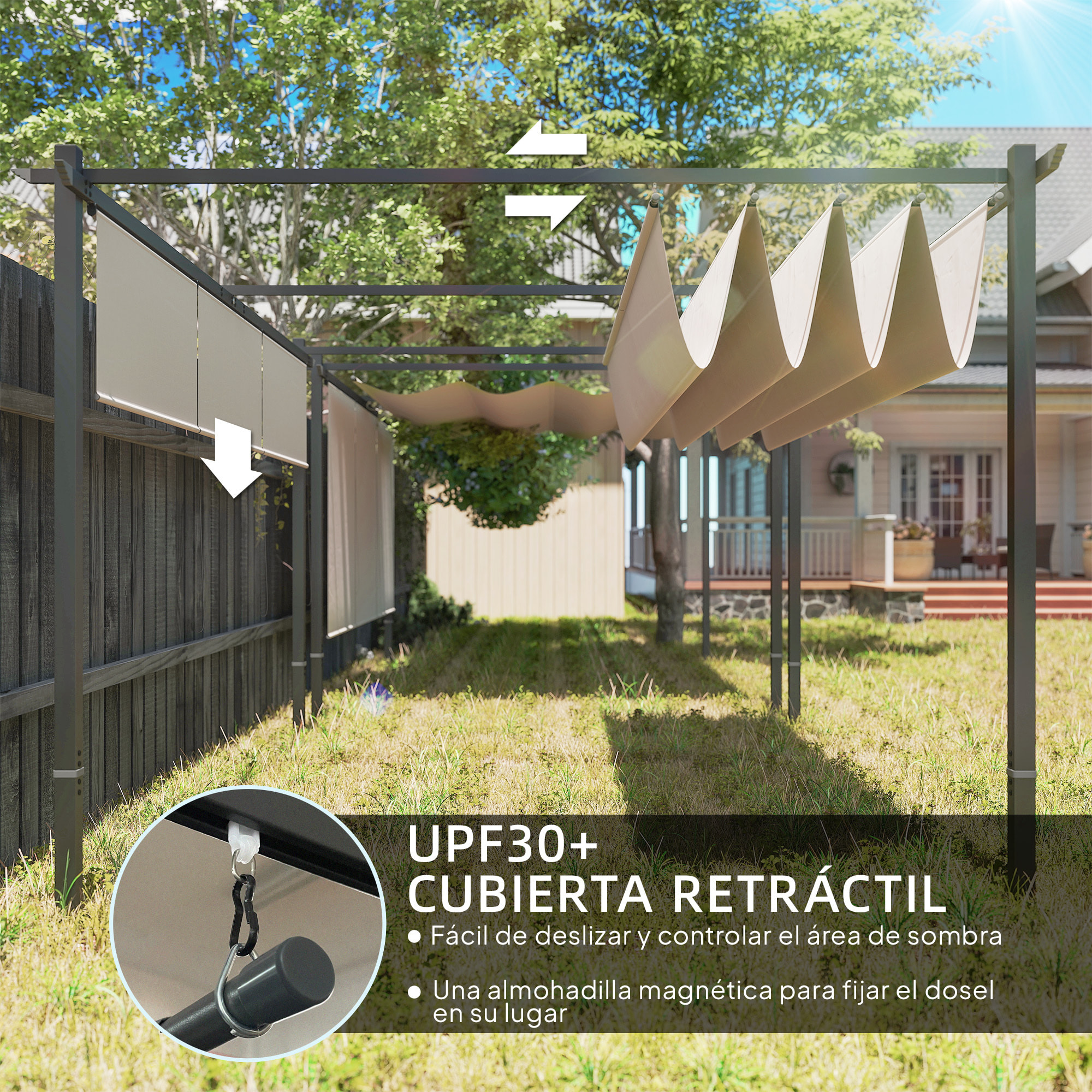 Pérgola de Jardín 4x3 m con Techo Retráctil y 3 Laterales Enrollables, Cenador de Jardín Montado en Pared o Independiente, con UPF30+, Estructura Metálica, Pabellón para Exterior, Beige