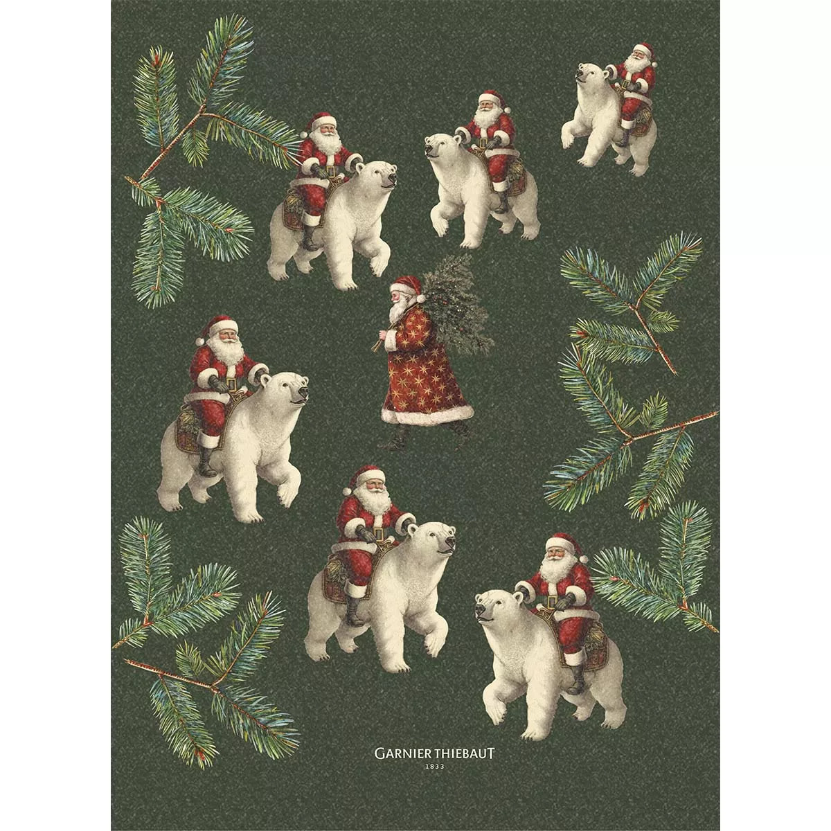 Torchon lin & coton lavé 190 g/m² imprimé vert Ours de noel sapin