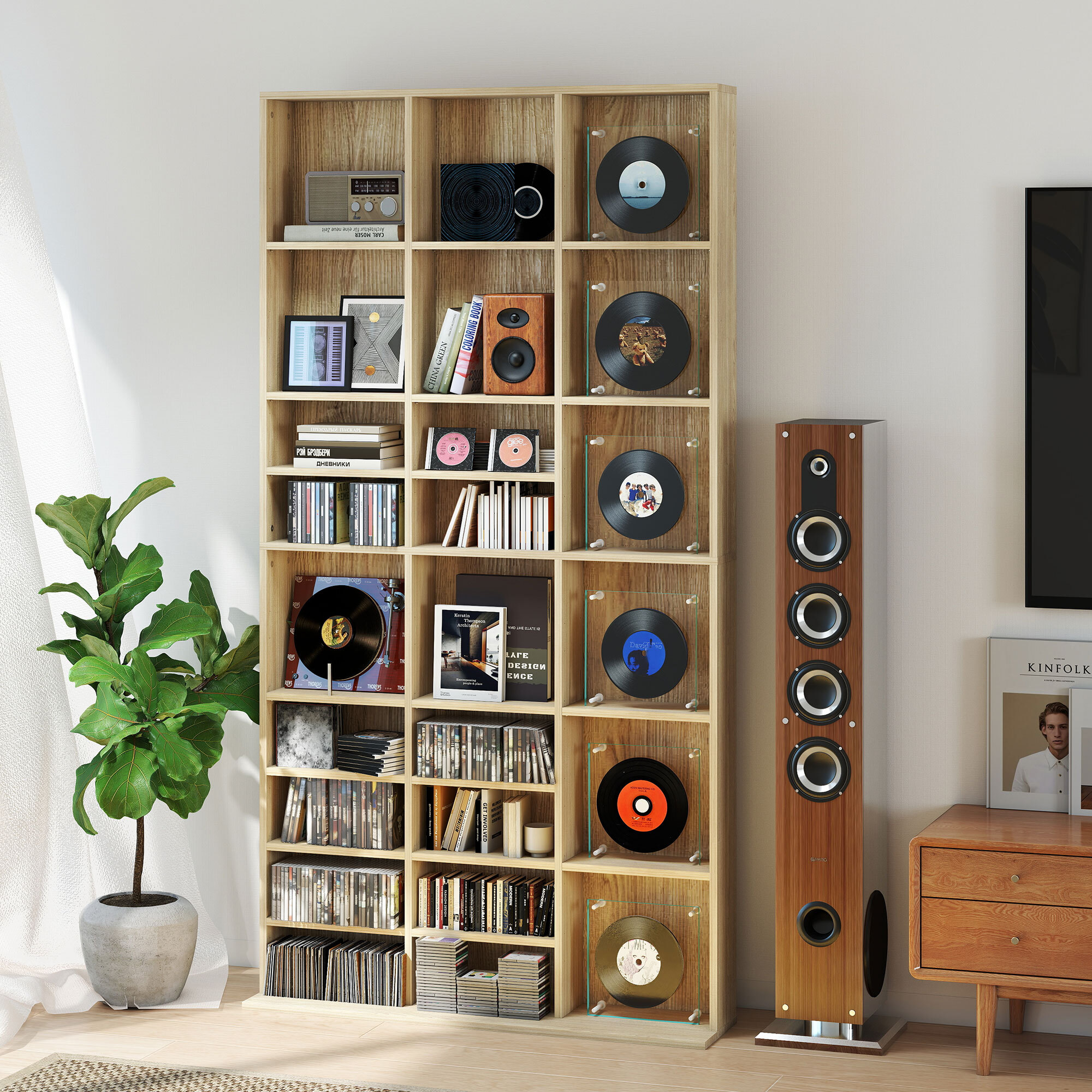 Étagère rangement CD/DVD meuble de rangement pour 1116 CDs 33 compartiments réglables en hauteur 102 x 24 x 195 cm effet bois clair