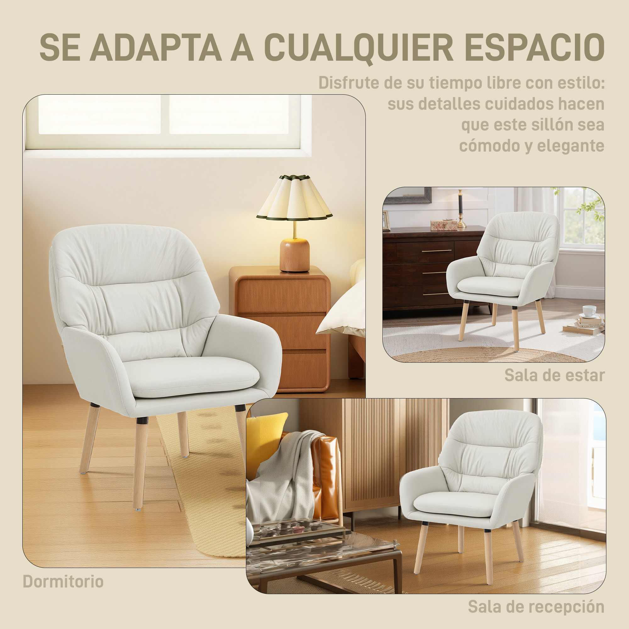 Sillón de Salón Moderno, Butaca de Salón, Acolchado de Doble Capa, Tapizado en Cuero Sintético, Patas de Madera, Sillón de Lectura para Dormitorio, Oficina, Estudio, 68x74x89 cm, Crema
