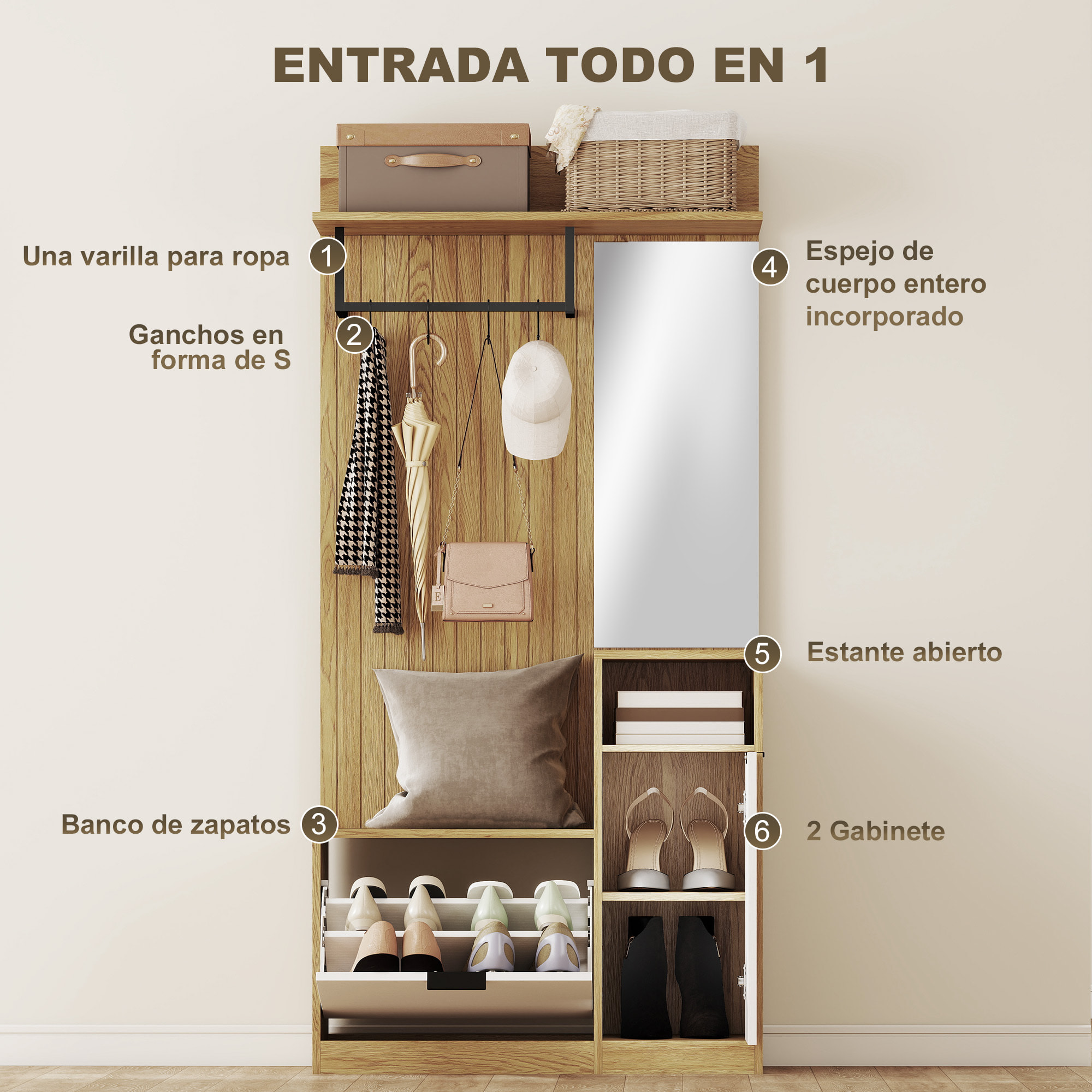 Perchero Zapatero, Perchero Entrada Recibidor con Zapatero, Espejo, Armario, Estantes Abiertos y 4 Ganchos, Estilo Moderno, para Pasillo Dormitorio, 80x36x168 cm, Roble
