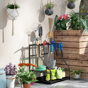Organizador de Herramientas de Jardín, Estantería de Almacenamiento de 3 Niveles para Garaje con Ganchos, para Palas, Rastrillos, Escobas, Soporte de Metal