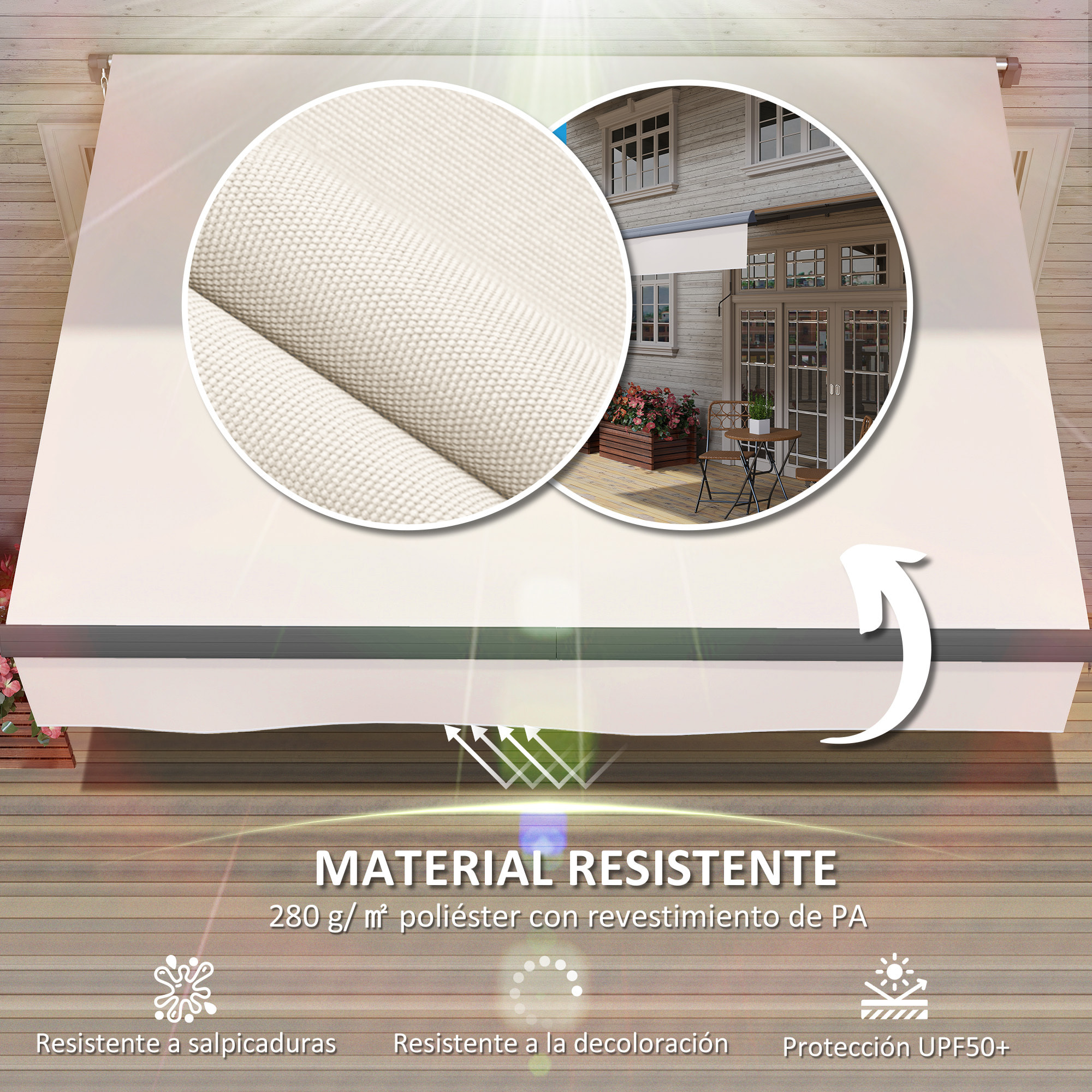 Toldo Manual Retráctil 3x2 m Toldo Exterior Terraza Enrollable Ajustable con Manivela Protección UV50+ Estructura de Aluminio y Metal para Balcón Jardín Crema