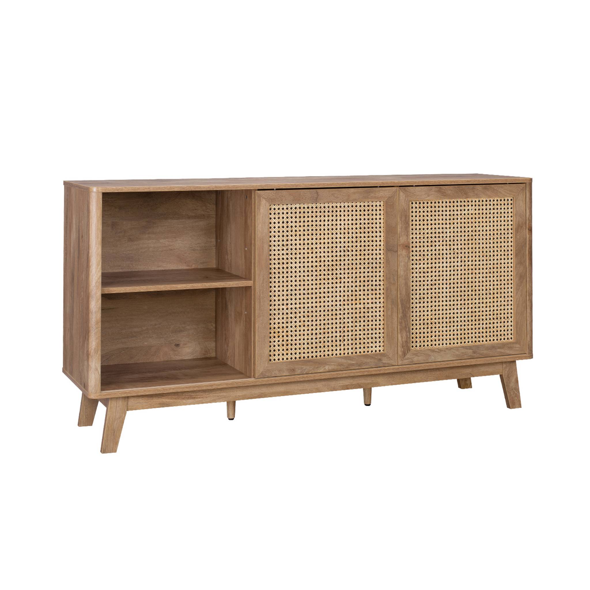 Buffet avec 2 portes coulissantes et étagères. effet bois et détails cannage. buffet bas. 150cm