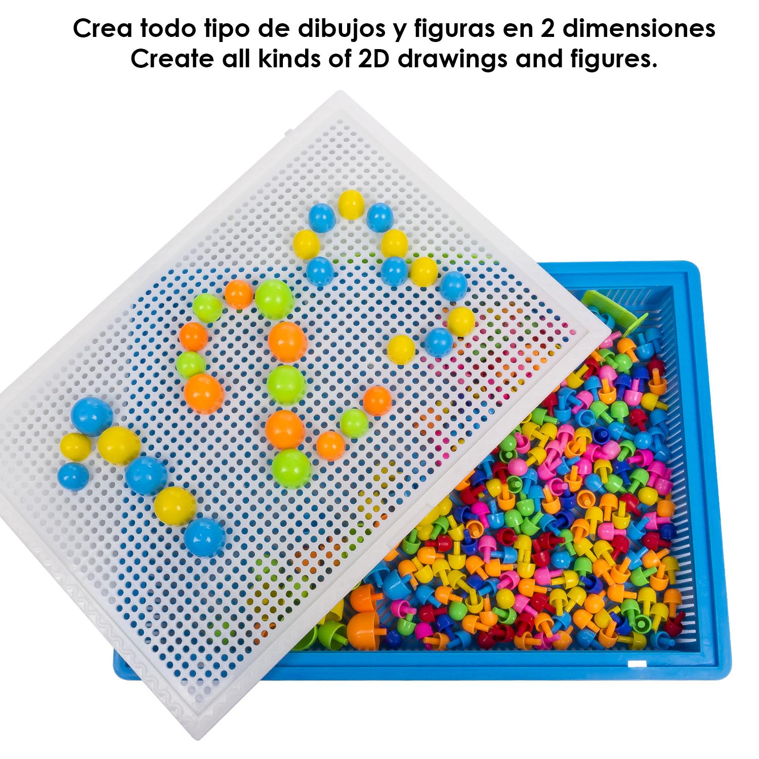 Tablero de creación de mosaicos multicolor. Piezas en varios tamaños y colores para crear dibujos de forma libre o siguiendo los patrones.