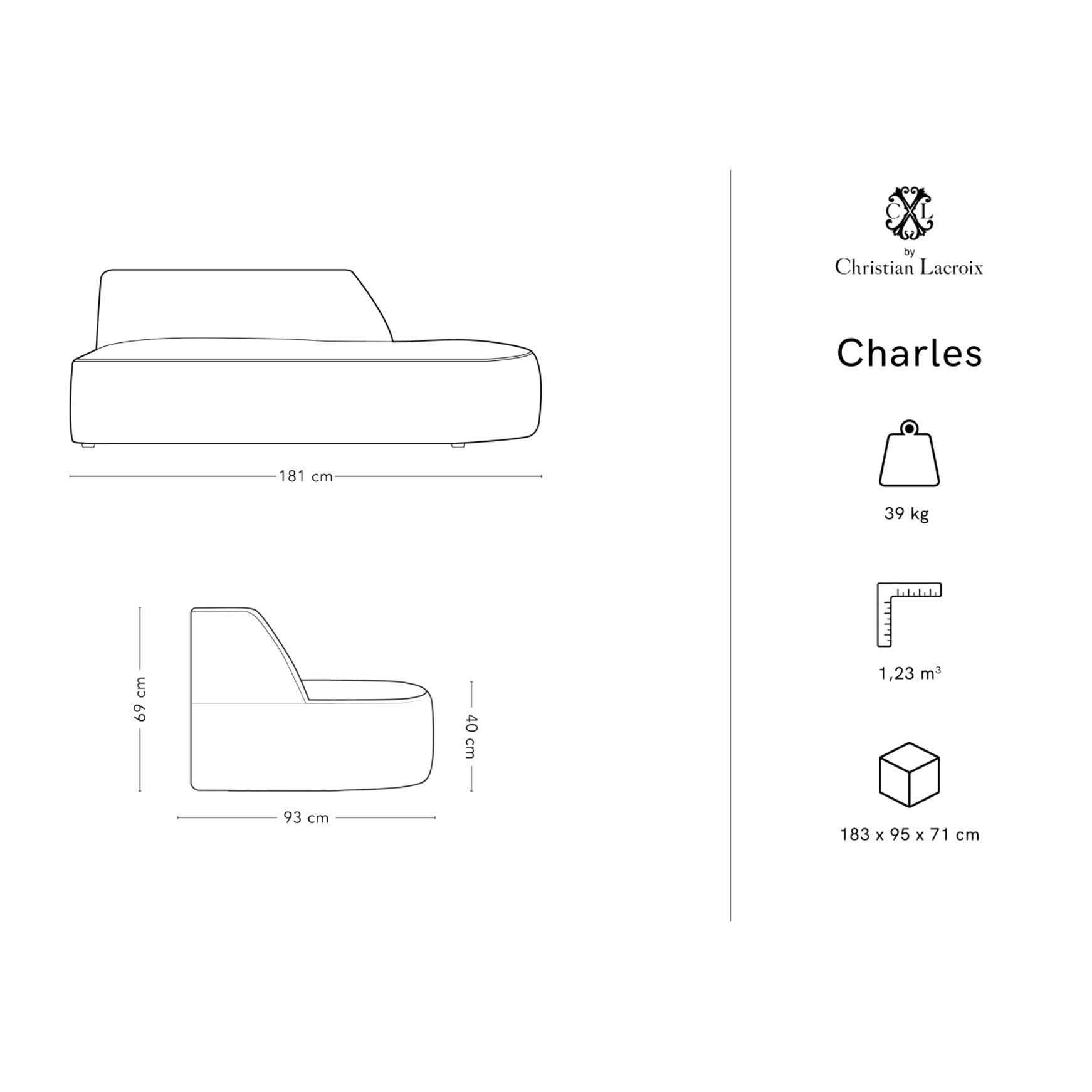 Canapé modulable droit "Charles" 2 places en velours gris foncé