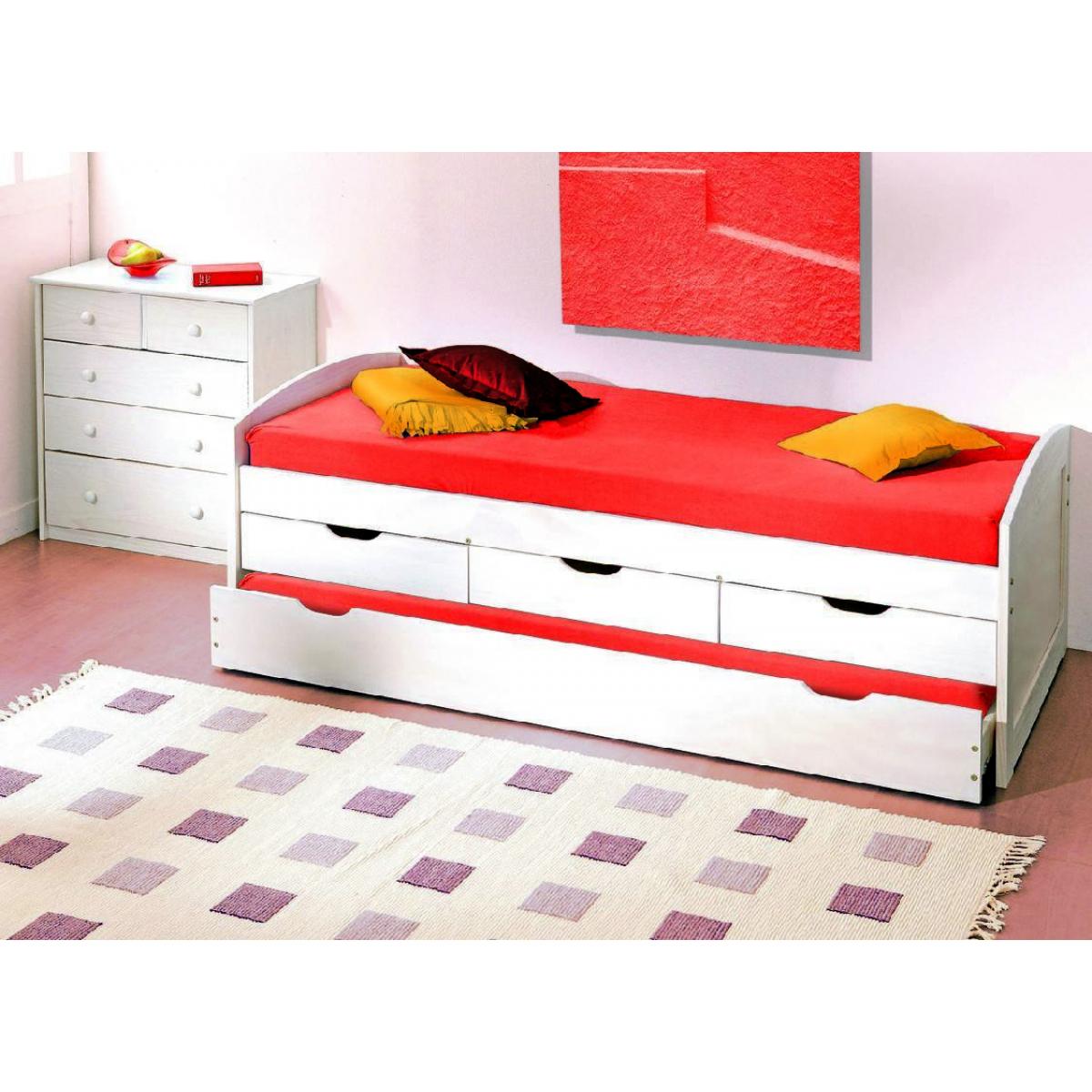 Letto con cassetti contenitore e secondo letto inferiore a estrazione in pino massello verniciato ad acqua bianco, 98 x 205 x 63 cm