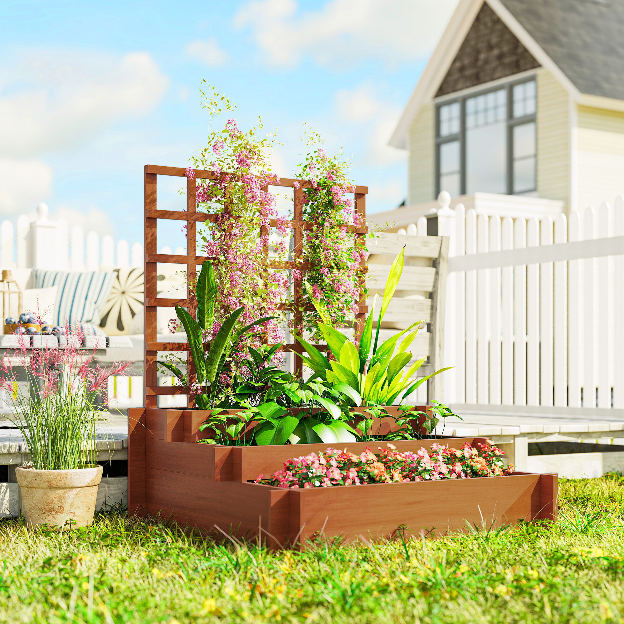 Jardinera con Enrejado de 3 Niveles, Jardinera Exterior Grande de Madera para Plantas Trepadoras, con Tela no Tejida, Macetero Elevado para Jardín, Patio, Terraza, 95x95x110 cm, Marrón