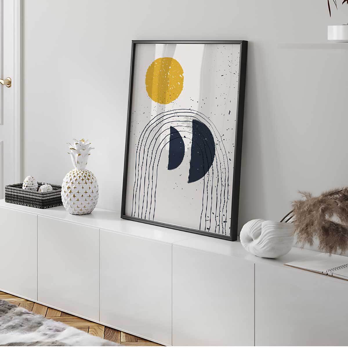 Affiche encadrée art abstrait soleil et lignes graphiques Affiche + cadre en métal - Noir