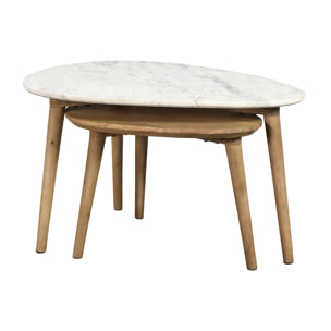Tables basses gigognes marbre blanc et bois manguier massif (lot de 2) EVY