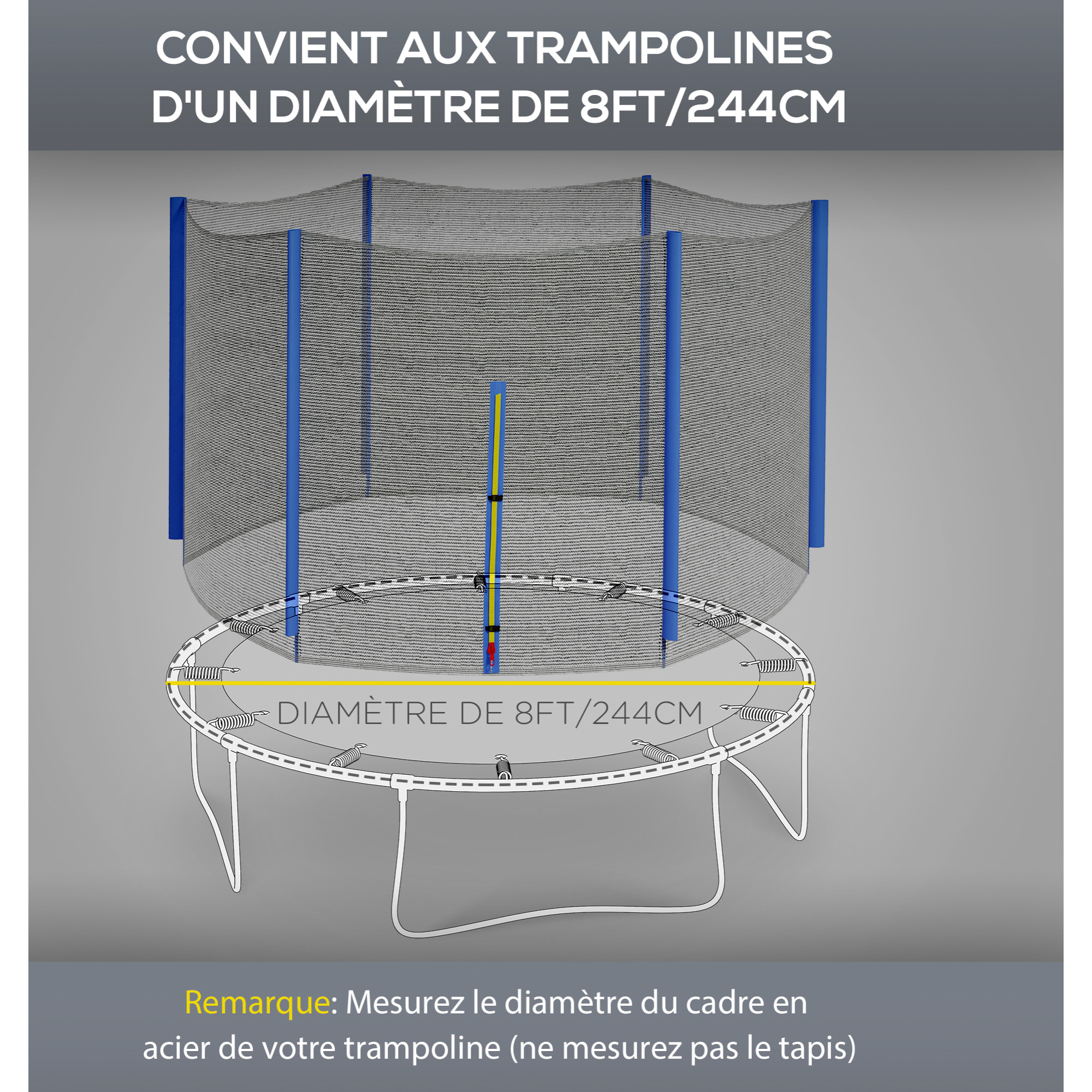 Filet de sécurité trampoline porte zipée Ø 244 cm 6 poteaux bleu noir