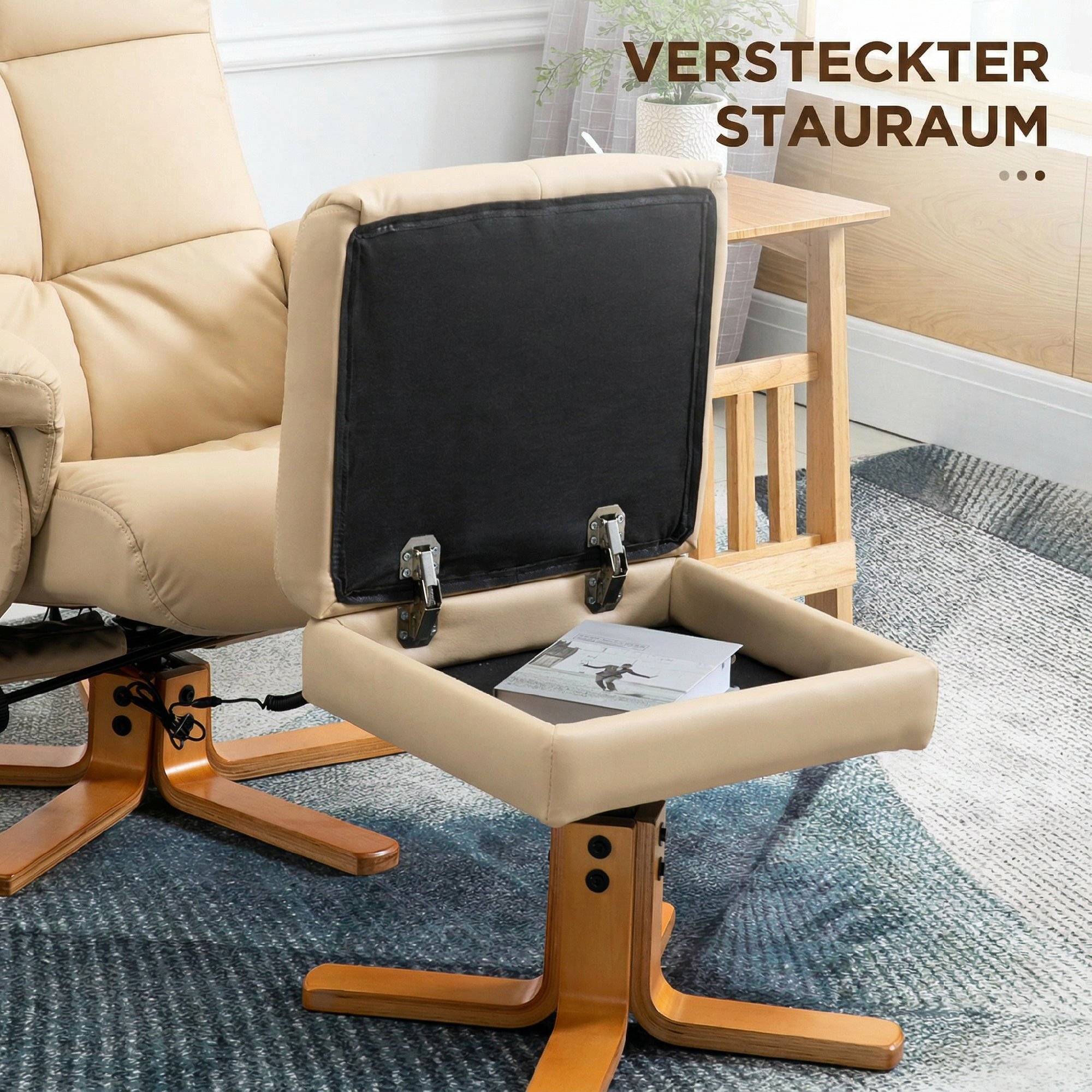 Sillón Relax Reclinable con Reposapiés Sillón de Masaje Eléctrico de PU con 10 Puntos de Masaje Función Reclinable Giratorio 360° Mando a Distancia Bolsillo Lateral para Salón Oficina Crema