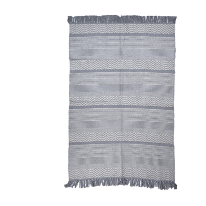 Tapis en coton brodé lignes et chevrons gris clair avec franges - MINA