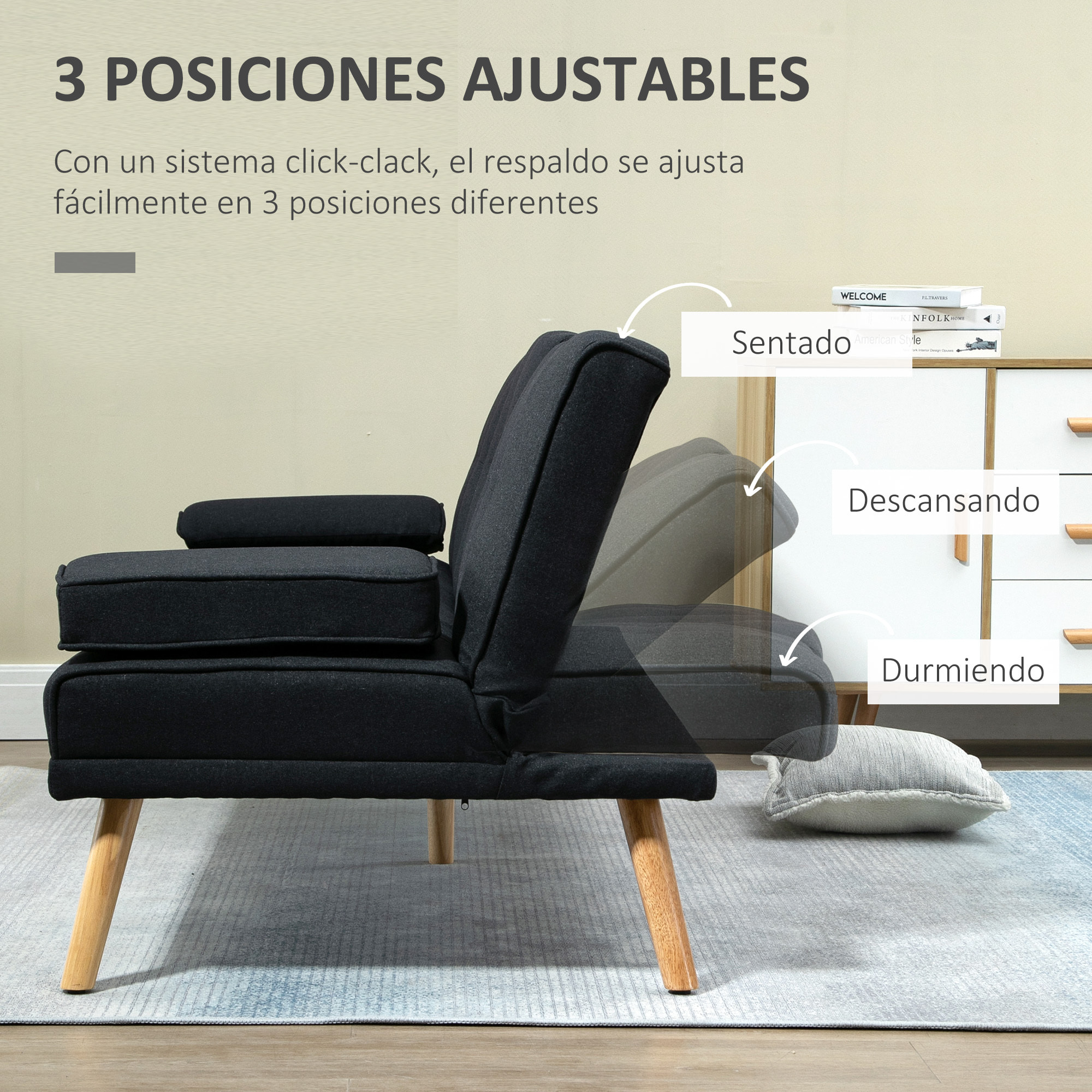 Sofá Cama 3 Plazas Sofá Cama Plegable con Respaldo Ajustable de 3 Niveles Reposabrazos Desmontable y 2 Soportes para Vasos 181x77x78 cm Gris