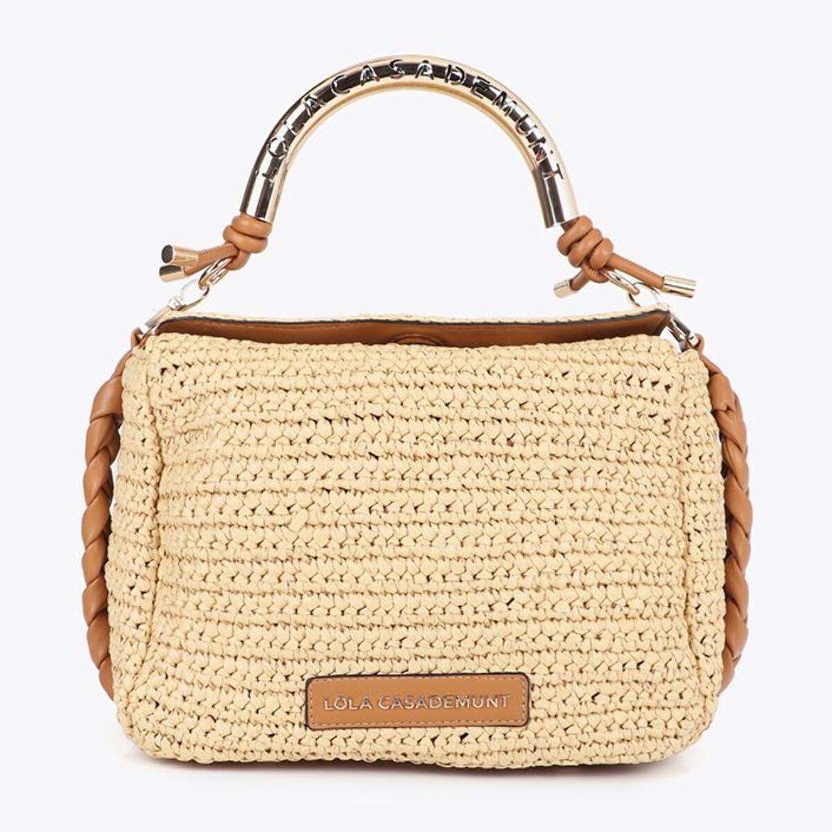 Borsa a tracolla effetto rafia combinata con manico con logo fustellato