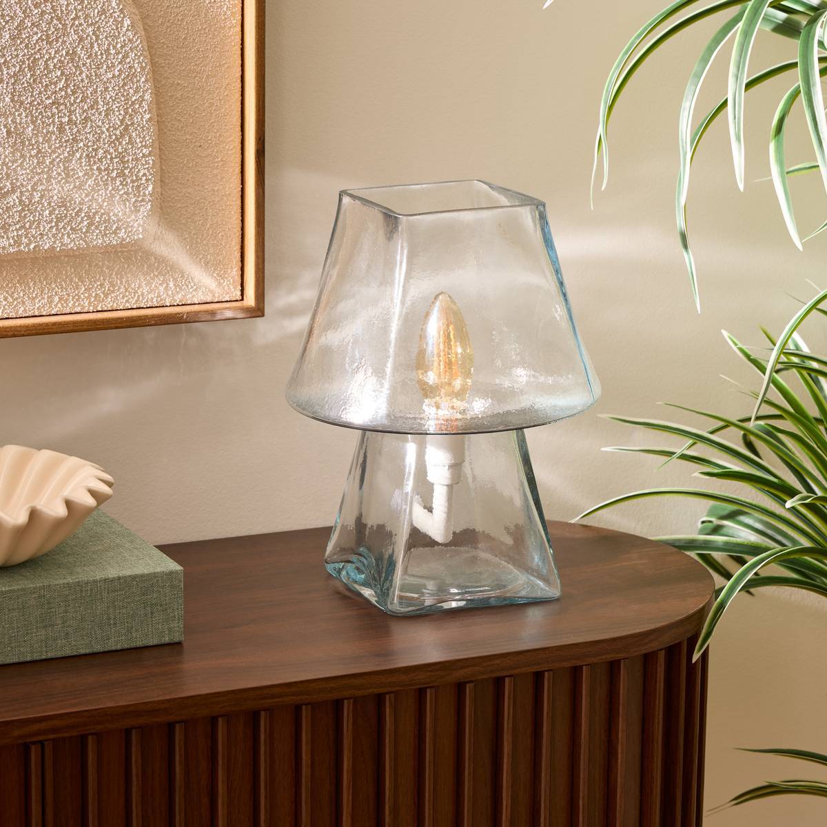 Lampe champignon Elita H.26cm en verre transparent