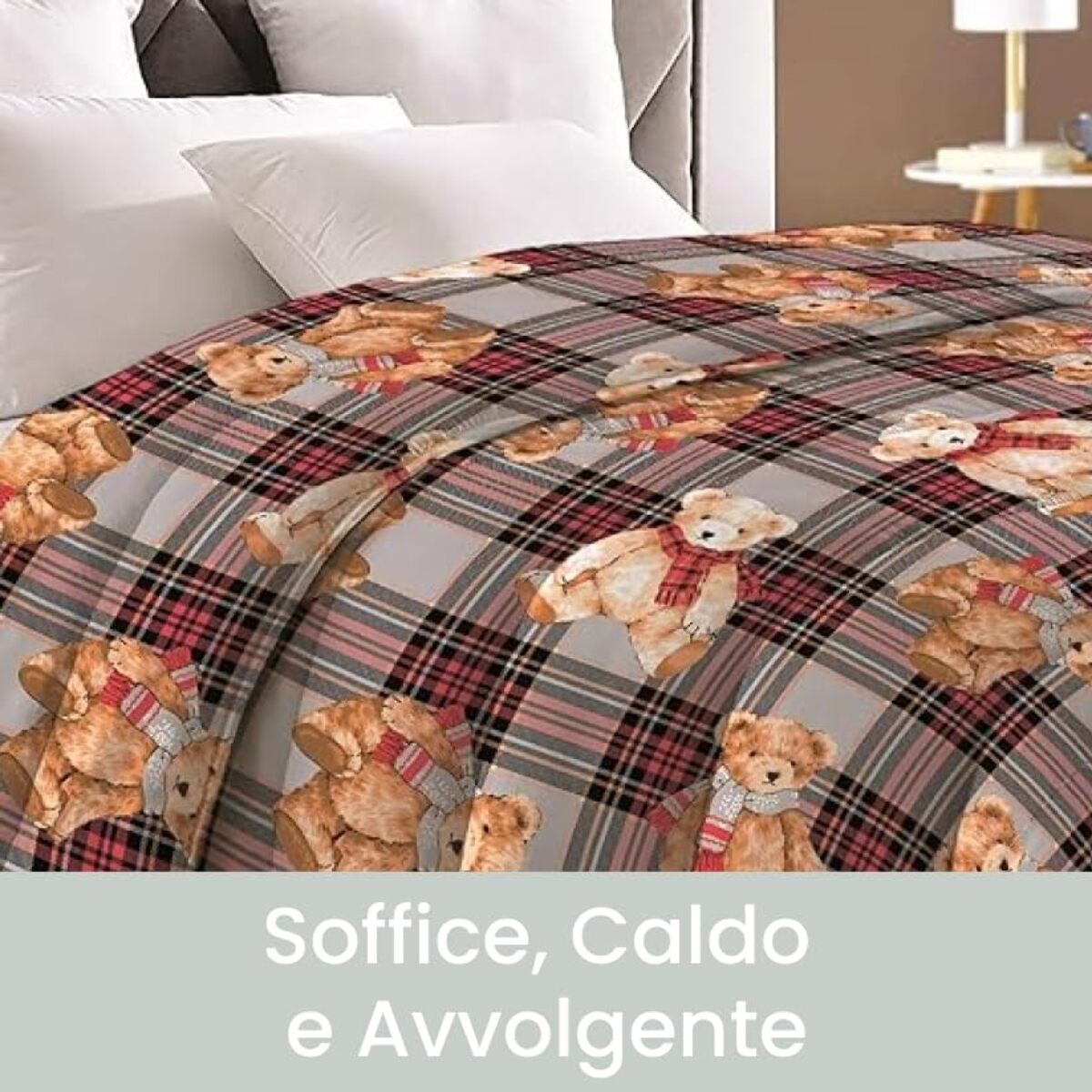 INTRECCI Piumino Singolo, 170 x 260 cm, Piumino Ecologico, Caldo, Invernale, 300 g/m², Anallergico e Antiacaro, Made in Italy, Lavabile in Lavatrice, Soffice, Morbido. Fantasia: Tartan Orsetti